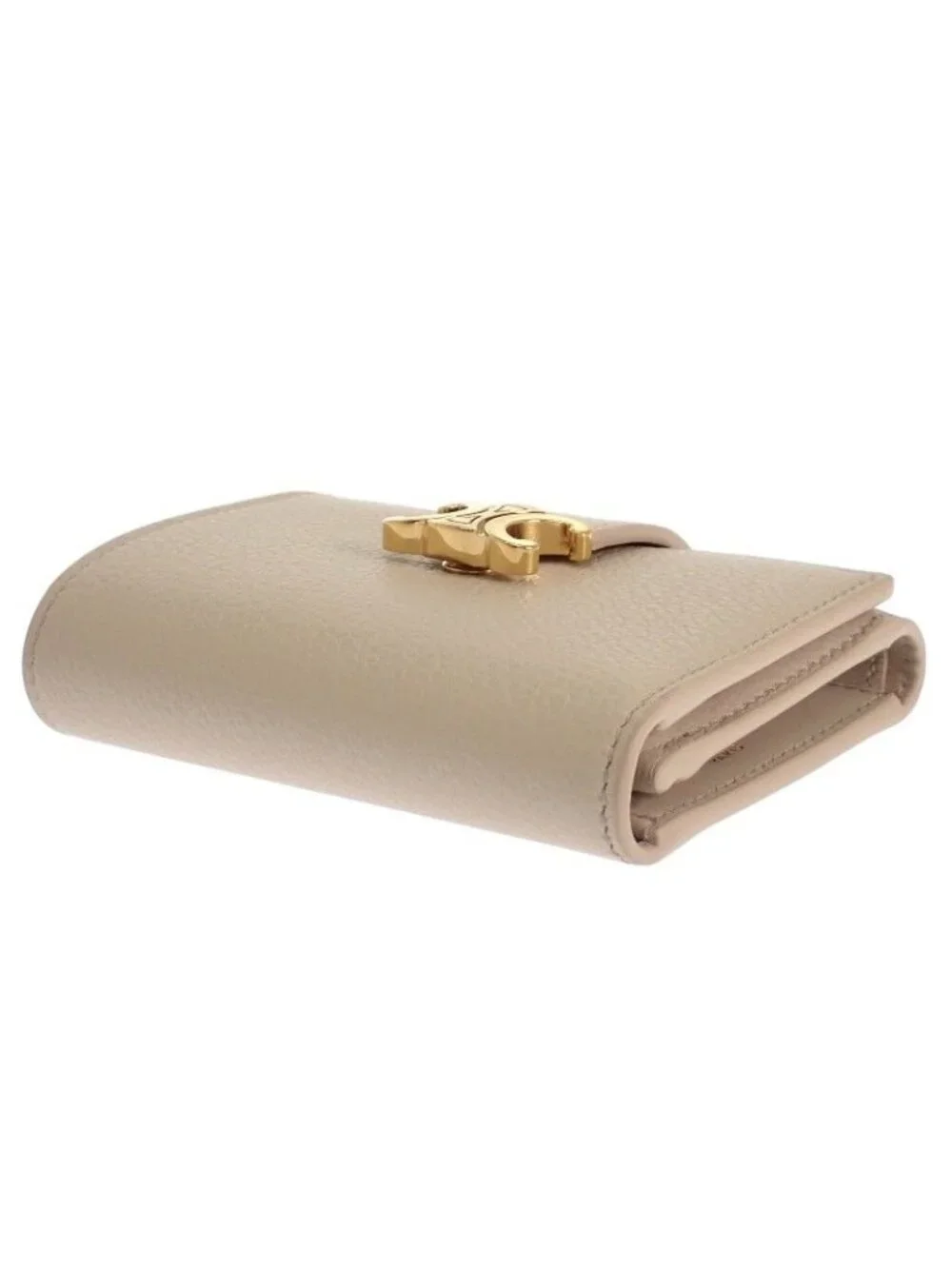 Celine Fine Strap Wallet Trifold Calfskin Beige Cream Triomphe Gold Included